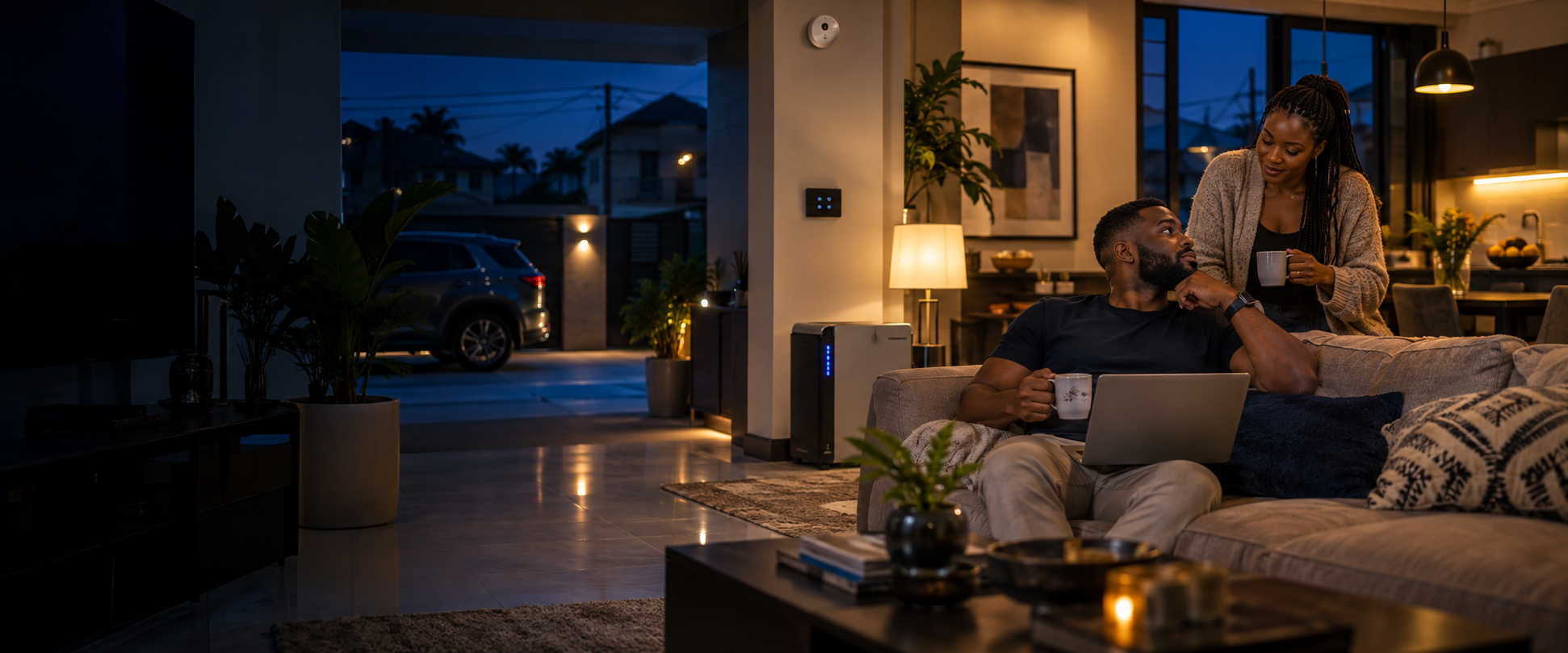 A couple in a modern, technology-enabled home at dusk